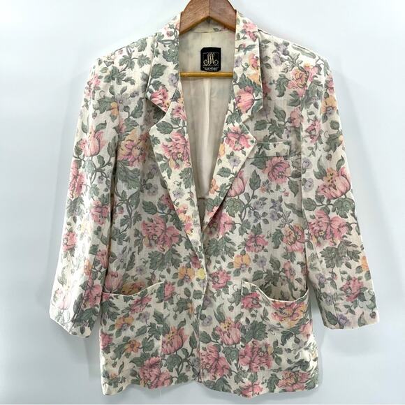 Vintage Jackets & Blazers - Vintage USA Floral Cottagecore Coastal Grandma Blazer Patch Pockets Size Medium